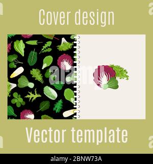Cover design for print with salad green vegetables lettuce leaves and herbs pattern, vector illustration Stock Vector