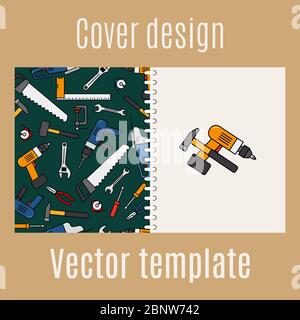 Cover design for print with constraction tools pattern, vector illustration Stock Vector