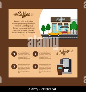 Coffee horizontal flyers with shop building and landscape, vector illustration Stock Vector