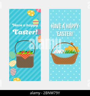 Happy Easter vertical flyers template with eggs and easter basket. Vector illustration Stock Vector