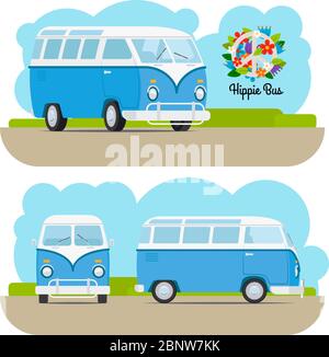 Hippie vintage blue mini van. Vector illustration Stock Vector