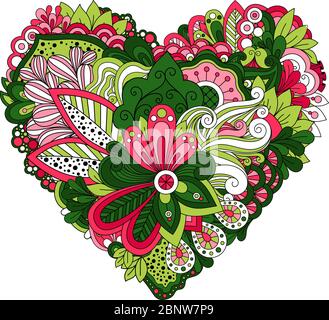 Floral heart shape with hand drawn doodle summer flowers. Vector illustration Stock Vector