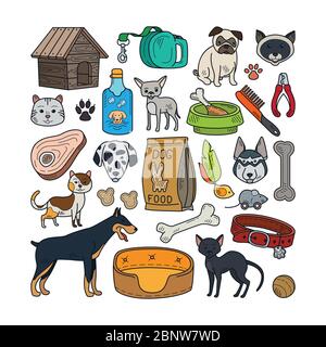 Vector hand drawn pets. Cats and dogs colorful icons Stock Vector