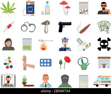 Drugs and addiction flat colorful icons on white background. Vector illustration Stock Vector