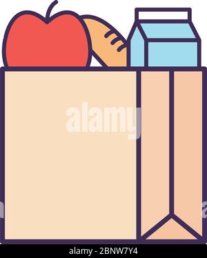 Milk box apple and bread inside bag line and fill style icon vector design Stock Vector