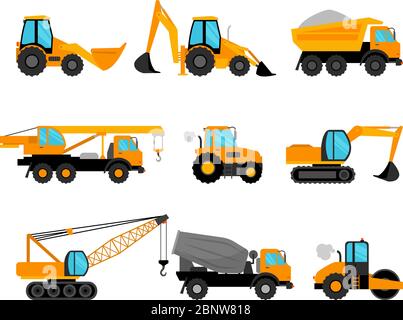 Construction machinery and building construction equipment icons on white background. Vector illustration Stock Vector