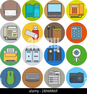 Electronic devices flat line icons. Web camera and laptop, projector and printer vector icons Stock Vector