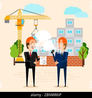Construction or building vector illustration. Builders discussing construction of house Stock Vector