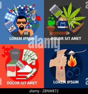 Drugs addiction vector concept. Drug injection and marijuana pipe, heroin addict and stop crime Stock Vector