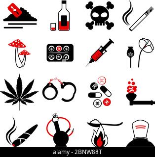 Drugs and alcohol addiction icons. Poison and injection, razor blade and marijuana pipe signs. Vector illustration Stock Vector