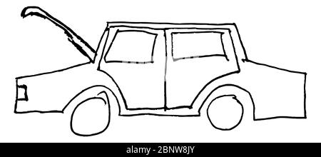 Illustration in kid style drawing of broken car on the road and need some help Stock Photo