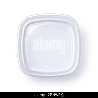 Top view of open empty plastic food container isolated on white Stock Photo