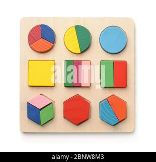 Top view of wooden shape sorter puzzle toy isolated on white Stock Photo