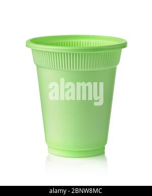 Front view of green disposable biodegradable plastic cup isolated on white Stock Photo