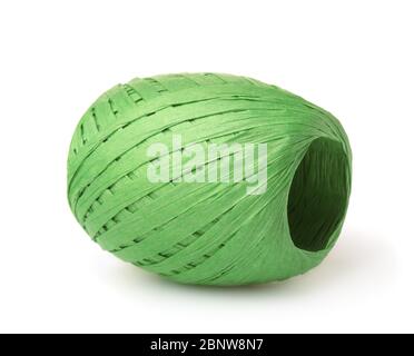 Green raffia paper ribbon roll isolated on white Stock Photo