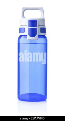 Front view of blue sport plastic water bottle on white Stock Photo