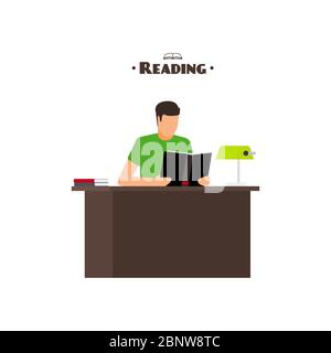 Reading books flat style concept with man. Vector illustration Stock Vector