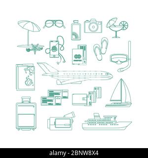 Tourism line art icon set on white backgrund. Vector illustration Stock Vector