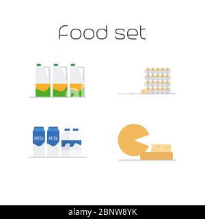 Foods market milk and eggs flat icons set. Vector illustration Stock Vector