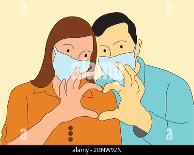 Couple in mask making heart shape with their hands. Covid-19 Stock Vector