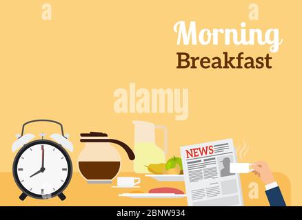 Good Morning Breakfast Banner with sign on orange background. Vector illustration Stock Vector