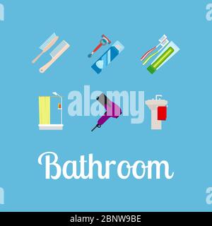 Bathroom items flat icon set on blue background. Vector illustration Stock Vector