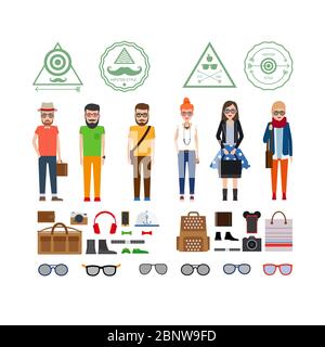 Hipster girls and boys cartoon icons with accessories. Vector illustration Stock Vector