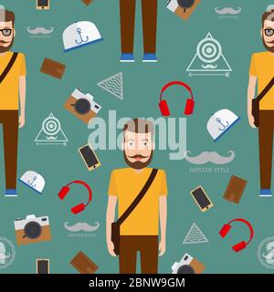 Man hipster flat style seamless pattern. Vector illustration Stock Vector