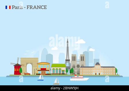 Paris skyline in flat style. Colrfus illustration on sky blue background. Vector icon Stock Vector