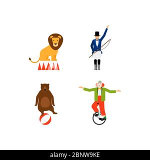 Circus vector flat icons set with lion bear snd clown. Vector illustration Stock Vector