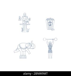 Circus vector blue line art icons with elephant and magician Stock Vector