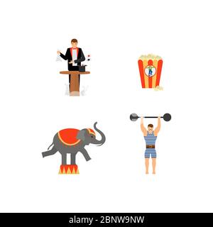 Circus vector flat colored icons set with elephant and magician Stock Vector
