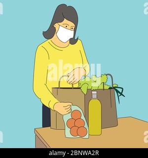 Woman with mask placing groceries on table. Covid-19 Stock Vector