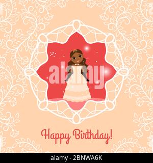 Happy Birthday red and beige greeting card with fairy princess. Vector illustration Stock Vector