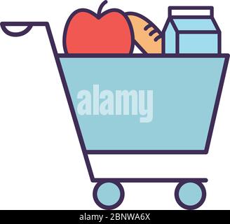 Milk box apple and bread inside cart line and fill style icon vector design Stock Vector