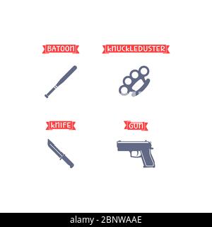 Ammunition icons with names on the red ribbon. Gun, knife, knuckle duster, batoon. Vector illustration Stock Vector