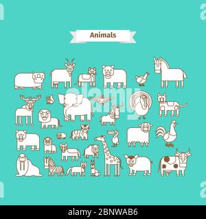 Animals Line Art Vector white Icons on blue background Stock Vector
