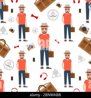 Man hipster flat style seamless pattern. Vector illustration Stock Vector