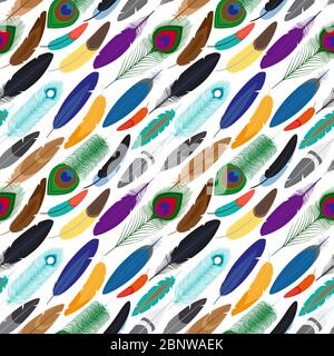 Colorful different feathers seamless background. Vector illustration Stock Vector