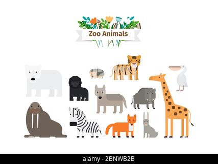 Zoo Animals Flat Design Colorful Vector Icons Set Stock Vector