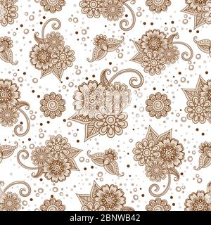 Henna elements with dots and flowers seamless pattern. Vector illustration Stock Vector