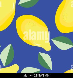 Fresh lemon seamless vector pattern background. Yellow citrus fruit and leaves on bright blue backdrop. Stylish tropical ilustration. Stylish all over Stock Vector