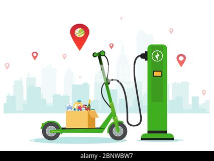 Food delivery service using eco friendly electric scooter concept Stock Vector