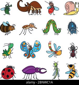 Vector funny insects and cute bugs on white background Stock Vector
