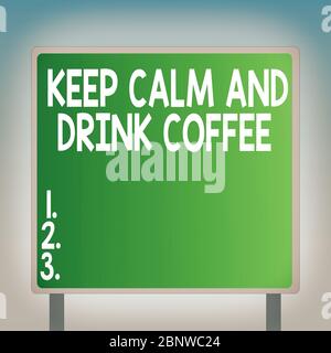 Writing text showing Keep Calm And Drink Coffee written on sticky note in the office with screw paper balls. Business concept for encourage an individ Stock Photo