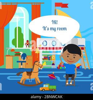 Boy with message bubble and room in flat cartoon vector style Stock Vector