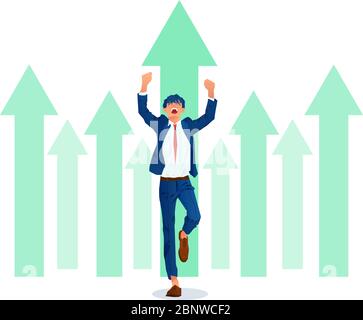 Vector of a businessman celebrating success on a background of going up green arrows Stock Vector