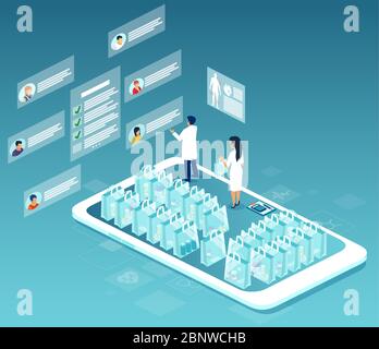 Healthcare online pharmacy app concept. Vector of prescription drugs and medical supplies being sold online via smartphone application technology Stock Vector