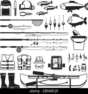 Fishing vector black icons. Tackle and bait, bobber and fisherman clothing Stock Vector