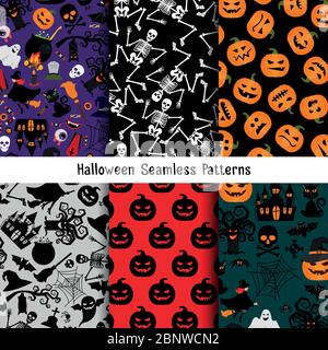 Different halloween vector pattern set. Endless texture for web page or wrapping with pumpkin and skeleton, witch and tree ogre Stock Vector